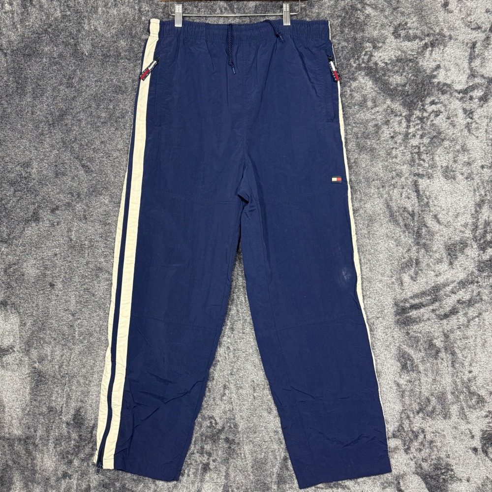 Vintage Tommy Hilfiger Baggy Track Pants Lrg Navy Blue Stripe Ankle Zip 90s Y2K